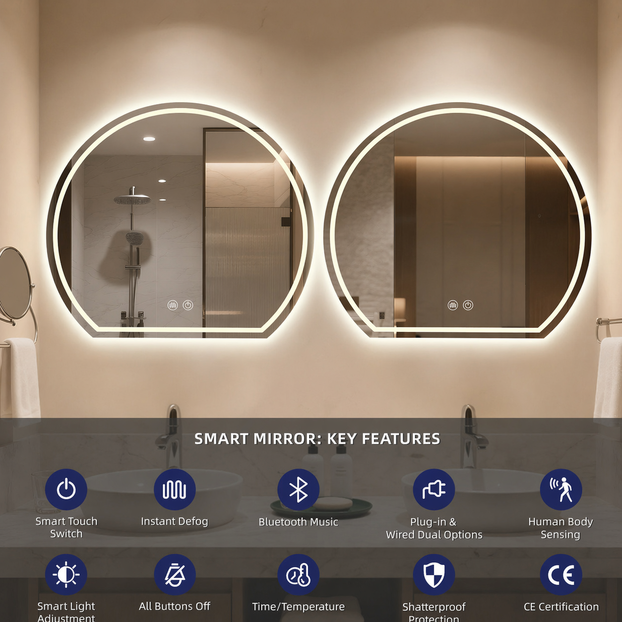 3-Color Dimmable Anti-Fog LED Backlit Irregular Round Mirror, Wall Mounted Vanity Mirror for Hotel & Salon Projects (2)