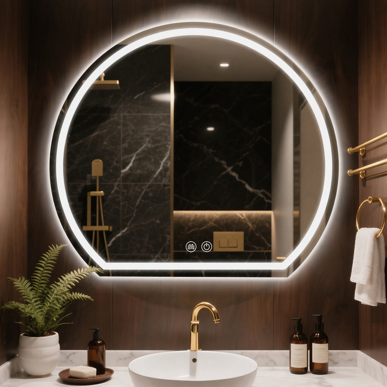 3-Color Dimmable Anti-Fog LED Backlit Irregular Round Mirror, Wall Mounted Vanity Mirror for Hotel & Salon Projects (2)