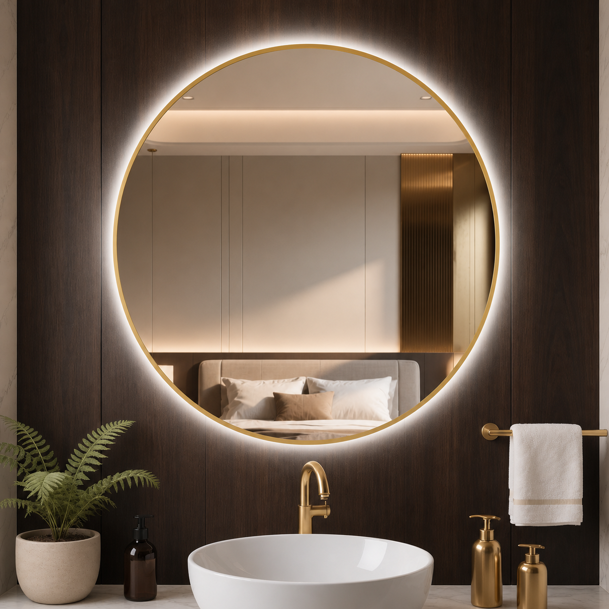 Contemporary Luxury Large Round Gold Aluminum Frame Wall-Mounted LED Bathroom Mirror for Hotel & Living Room
