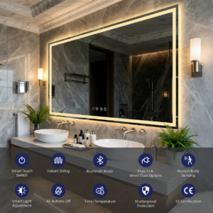 Custom Modern Rectangular LED Bathroom Mirror Waterproof Smart Wall-Mounted Vanity Mirror Touch Sensor Kitchen Living Room