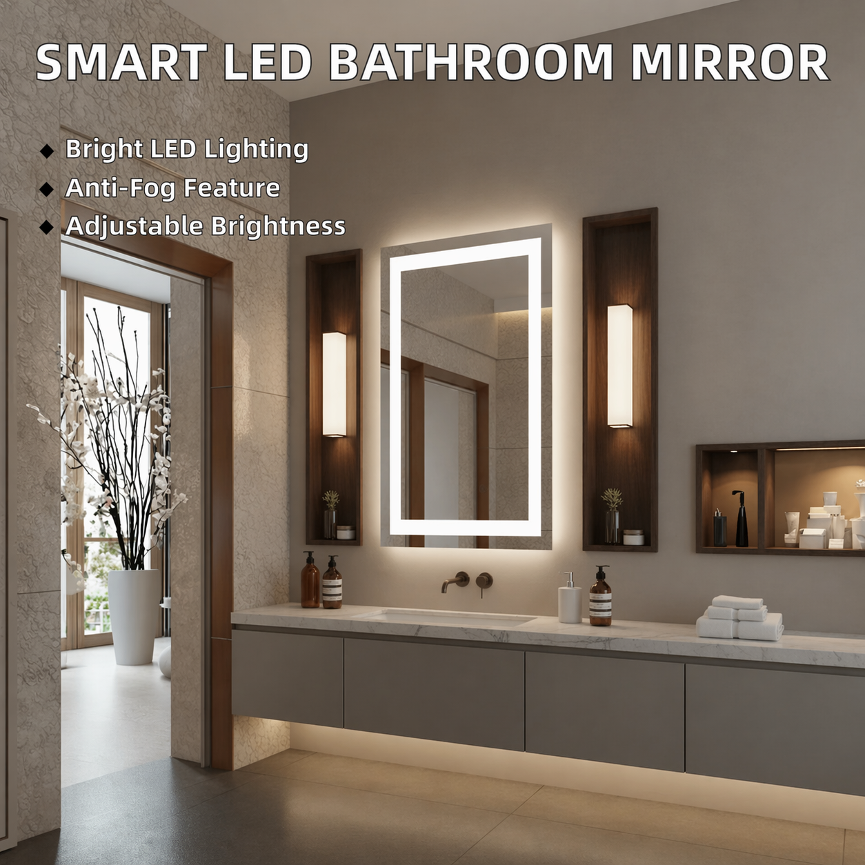 Custom Modern Rectangular LED Bathroom Mirror Waterproof Smart Wall-Mounted Vanity Mirror Touch Sensor Kitchen Living Room (5)