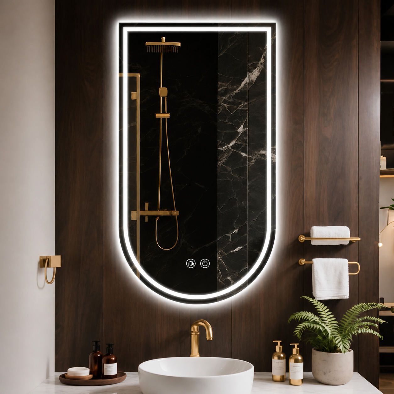 Custom Modern Wall-Mounted Arched Anti-Fog LED Smart Mirror for Hotel, Club, Bathroom, Hair Salon & Vanity Countertops