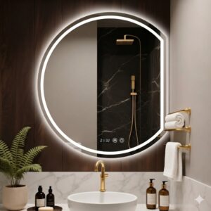 Custom Smart Half-Moon & Round LED Backlit Bathroom Mirror with Defogger for Hotel Entryway, Guest Room and Bathroom Vanity