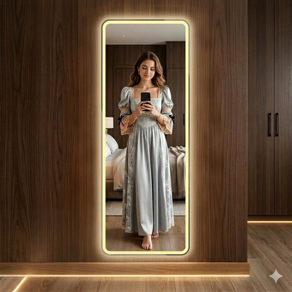 Customizable LED Full-Length Wall Mirror IP44 Modern Dimmable Mirror with Adjustable Color Temperature for Bedroom & Living Room