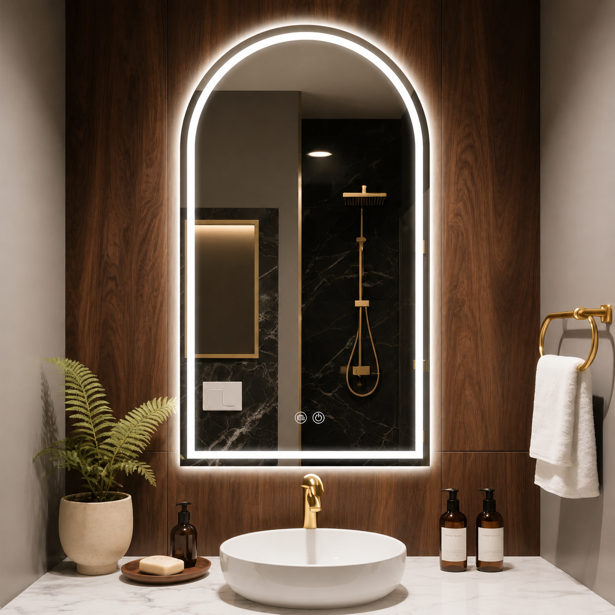 Eco-Friendly Backlit Arch Mirror Wall-Mounted Smart Dimmable LED Anti-Fog Bathroom Vanity Mirror For Hotel & Home Decoration