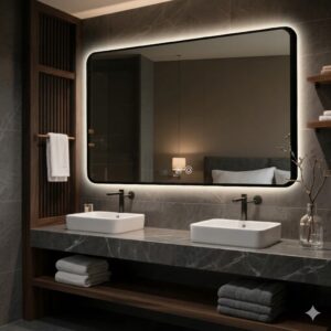 FactoryHotel Framed Large Rectangular Aluminum Frame LED Bathroom Mirror, Touch Screen Backlit Smart Illuminated Wall Mirror (3)