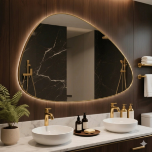 Frameless Irregular Stone-Shaped Wall-Mounted Smart Vanity Mirror with Anti-Fog, Touch Screen and Dimmable Light for Bathroom