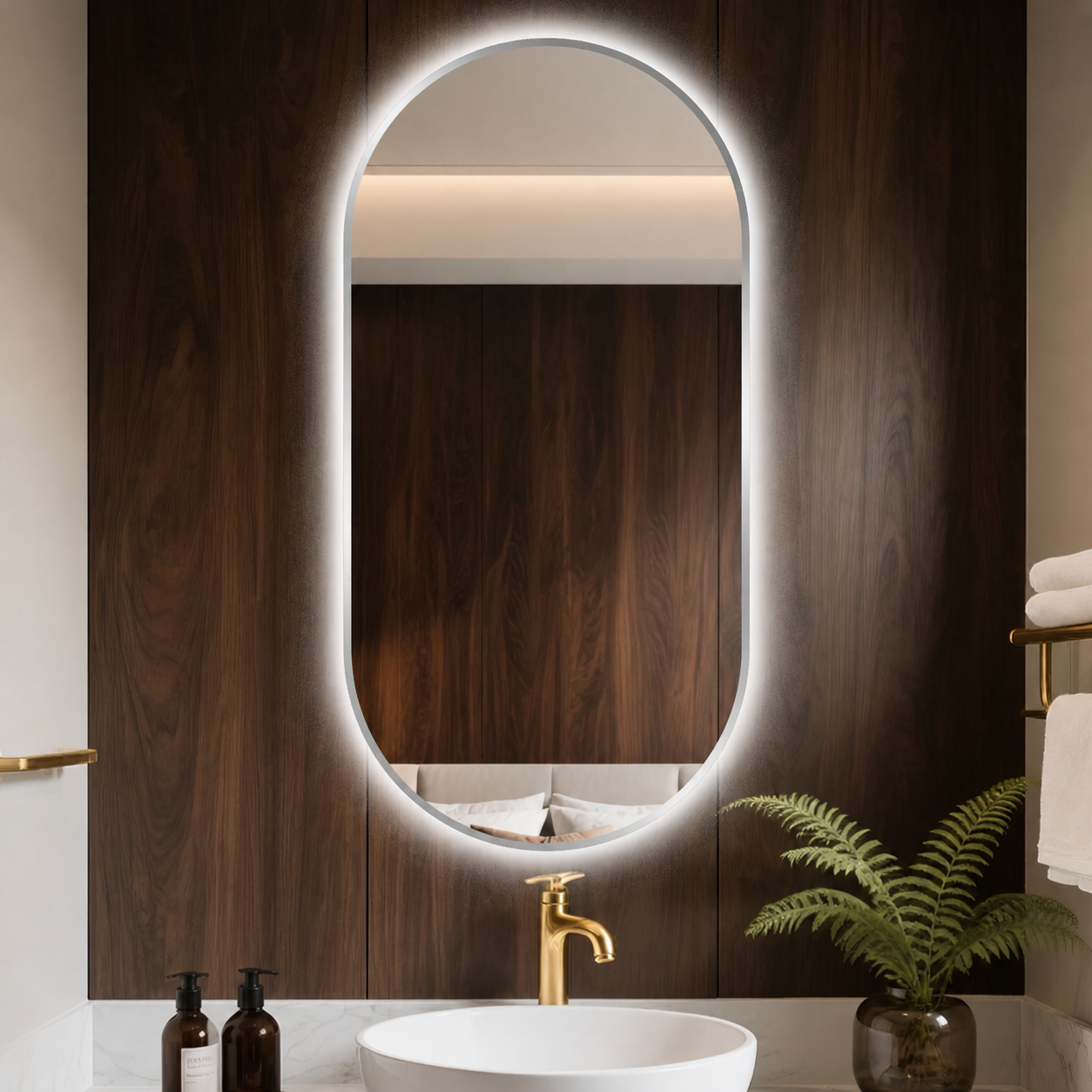 Hot Sale Custom Logo Oval LED Wall Mounted Bathroom Mirror Anti-Fog Smart Touch Switch, Hotel Use, Factory Direct European Usage