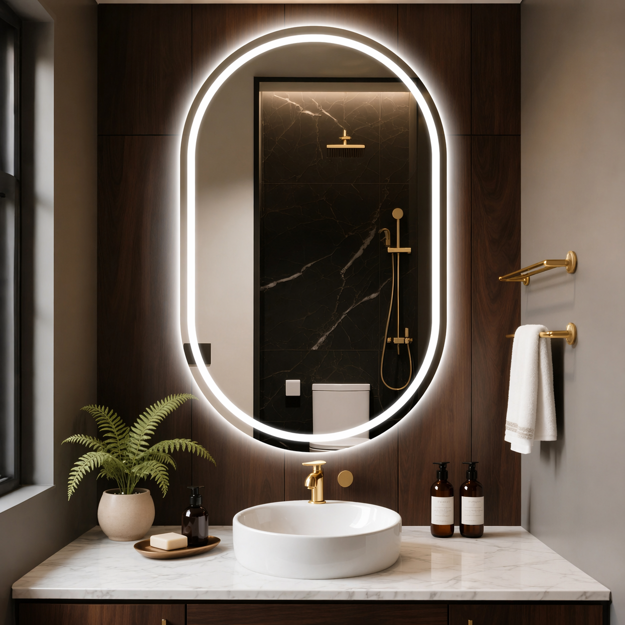 Hot Selling Modern Smart LED Wall Mirror RoundRectangleHalf Moon Bathroom Mirror, Touch Dimmable, Anti-Fog & Waterproof Espejo (2)