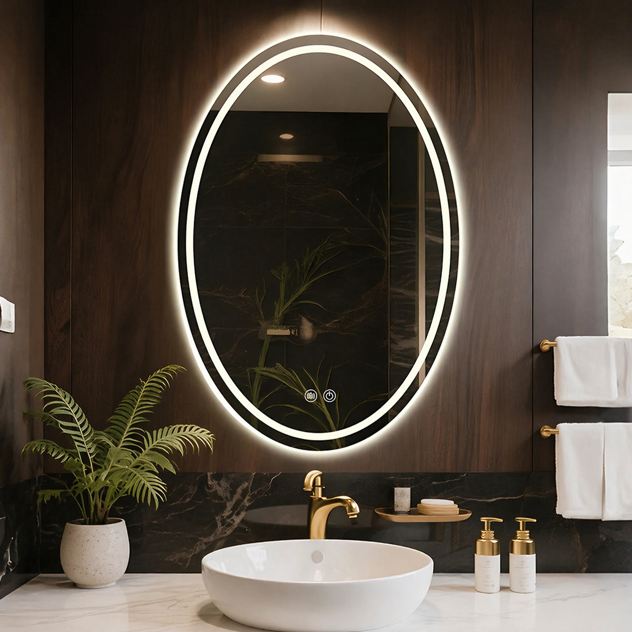Hot Selling Modern Smart LED Wall Mirror RoundRectangleHalf Moon Bathroom Mirror, Touch Dimmable, Anti-Fog & Waterproof Espejo (5)