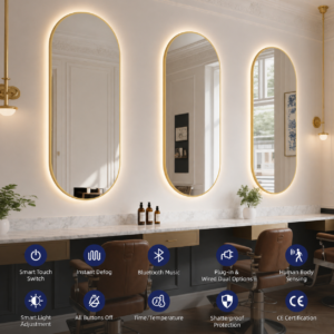 Hot Selling Wall-Mounted LED Salon Mirror for Hair & Beauty Salon, GoldBlackSilver Framed LED Hairdressing Makeup Mirror (2)