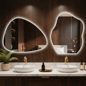 Hotel & Salon Smart Bathroom Mirror Irregular Shaped Wall-Mounted Backlit LED Mirror with Touch Screen & Anti-Fog Function