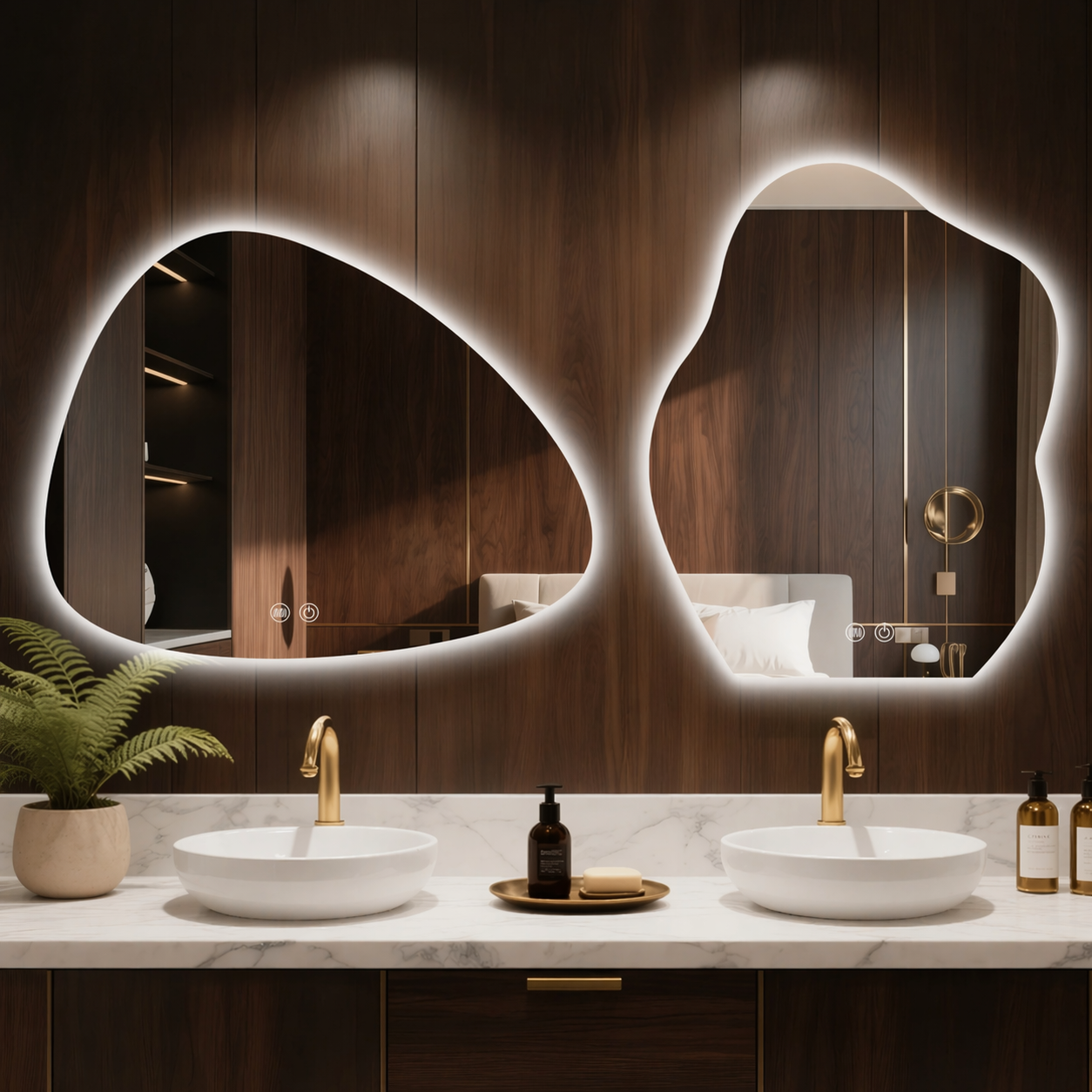 Hotel & Salon Smart Bathroom Mirror Irregular Shaped Wall-Mounted Backlit LED Mirror with Touch Screen & Anti-Fog Function
