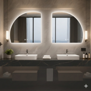 Large Frameless Wall-Mounted Smart LED Mirror Irregular Half-Round Moon-Shaped Illuminated Bathroom Mirror for Hotel Interiors