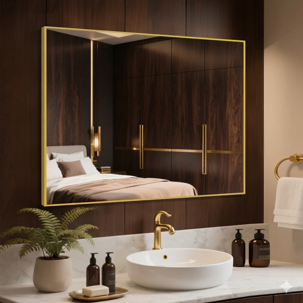 Large Gold Rectangular Wall-Mounted Decorative Bathroom Mirror, Handmade Eco-Friendly 5mm Thick Modern Aluminum Frame Mirror
