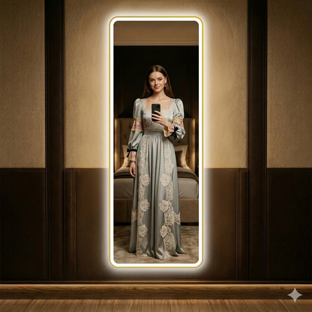 Modern Full-Length LED Wall Mirror with Lights, Touch Switch, for Hotel, Bathroom, Kitchen, Living Room, Salon, Gym & Apartment