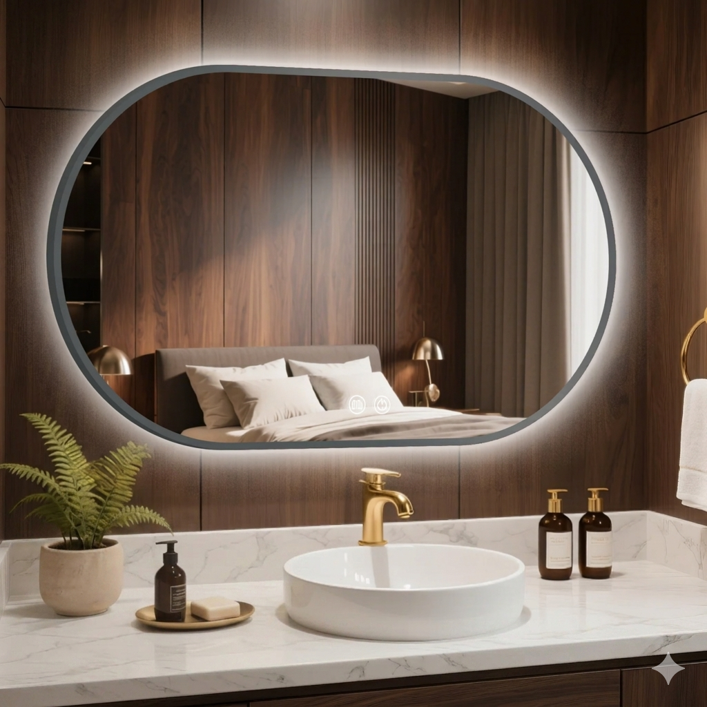 Modern LED Bathroom Mirror, Smart Touch Screen, Waterproof, Aluminum Alloy Black Frame, Oval Racetrack Shape, Minimalist Design