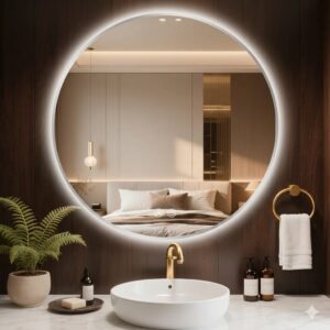 Modern Luxury Round LED Bathroom Mirror, Touch Switch, Anti-Fog, 3-Color Dimmable, Backlit, Wall-Mounted for Hotel