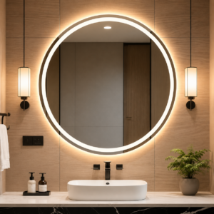 Modern Round Frosted Smart LED Bathroom Mirror Wall-Mounted Vanity Mirror with Touch Screen Dimmable Light & Anti-Fog Function