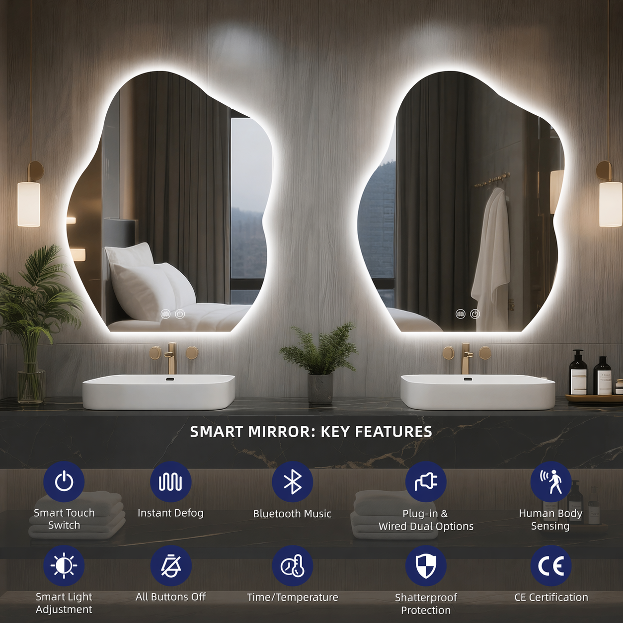 Stylish Cloud-shaped Vanity Mirror Modern LED Illuminated Bathroom Mirror Elegant Irregular Touch Screen Mirror for Hotel (2)