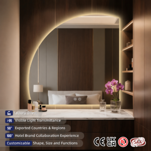 Wall-Mounted Smart LED Bathroom Mirror, Touch Dimmable Anti-Fog Vanity Mirror, Half-Moon Round Fan Shaped for Modern Hotel Decor (1)