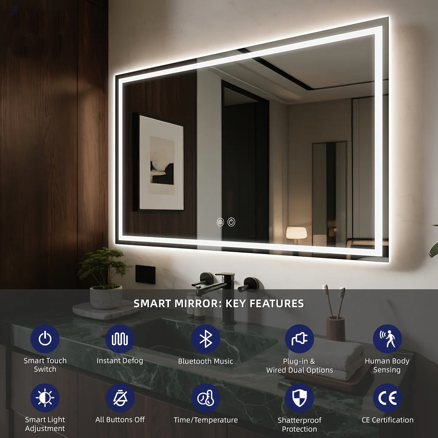Wholesale Luxury Smart LED Illuminated Bathroom Mirror Large Irregular Touch Screen Aluminu (1)