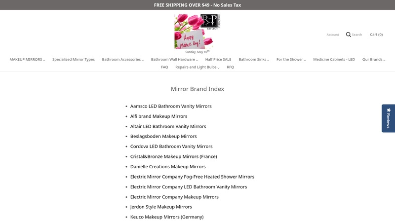 Mirror Brand Index listing all brands we carry.